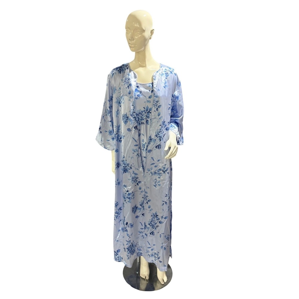 Oscar de la Renta Pink Label Blue Floral Satin Nightgown & Robe Set Large Y2K - Picture 3 of 16